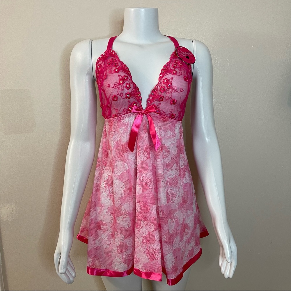 Pink mesh babydoll T-string thong two piece set